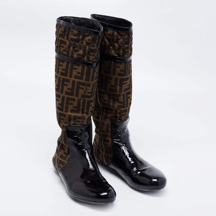 Pre Owned Fendi Brown Logo Canvas and Patent Leather Midcalf Boots Size 40