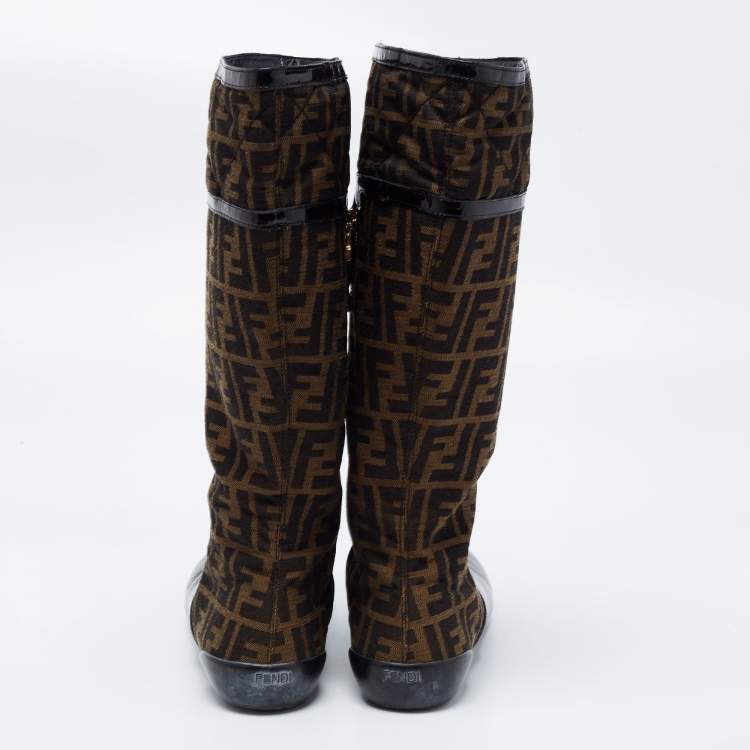 Pre Owned Fendi Brown Logo Canvas and Patent Leather Midcalf Boots Size 40
