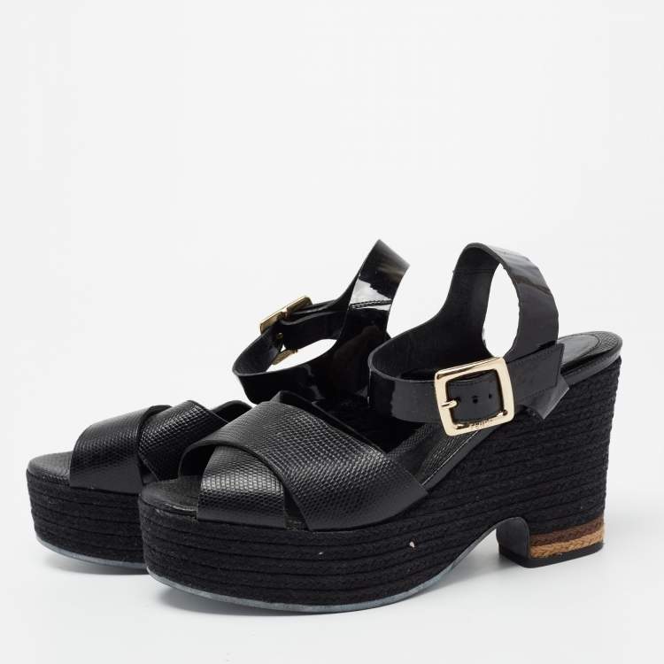 Pre Owned Fendi Black Lizard Embossed Leather and Patent Leather Hydra Ankle Strap Espadrille Sandals Size 39