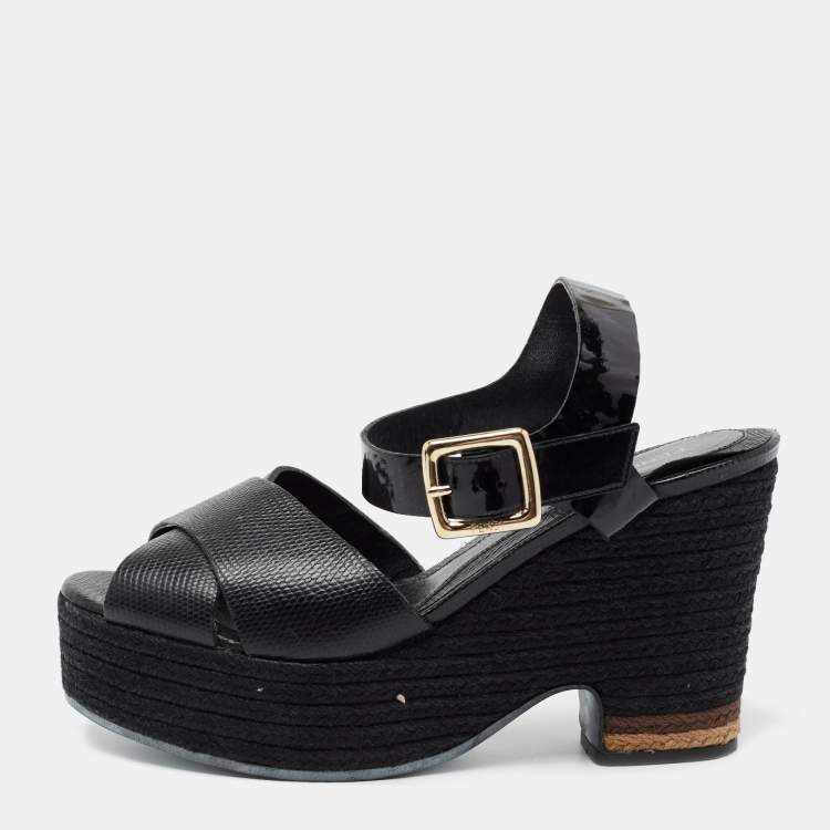Pre Owned Fendi Black Lizard Embossed Leather and Patent Leather Hydra Ankle Strap Espadrille Sandals Size 39