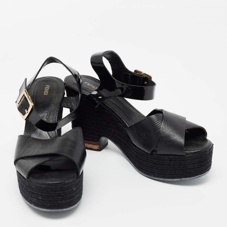 Pre Owned Fendi Black Lizard Embossed Leather and Patent Leather Hydra Ankle Strap Espadrille Sandals Size 39