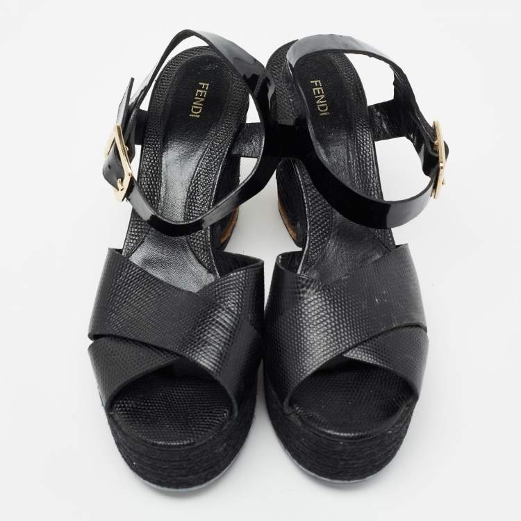 Pre Owned Fendi Black Lizard Embossed Leather and Patent Leather Hydra Ankle Strap Espadrille Sandals Size 39