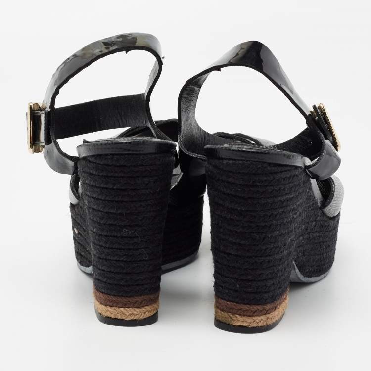 Pre Owned Fendi Black Lizard Embossed Leather and Patent Leather Hydra Ankle Strap Espadrille Sandals Size 39