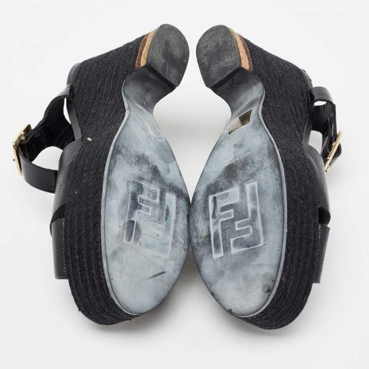 Pre Owned Fendi Black Lizard Embossed Leather and Patent Leather Hydra Ankle Strap Espadrille Sandals Size 39