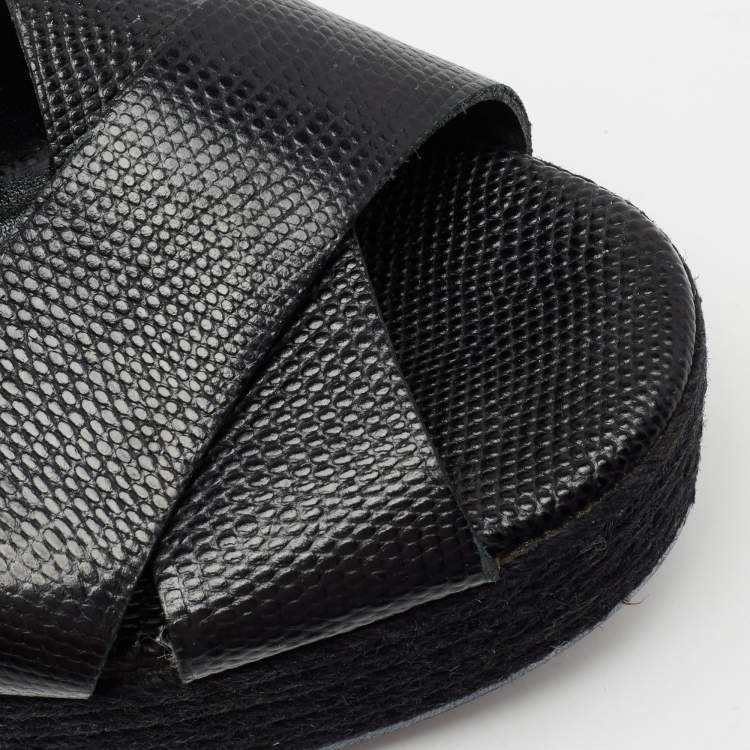 Pre Owned Fendi Black Lizard Embossed Leather and Patent Leather Hydra Ankle Strap Espadrille Sandals Size 39