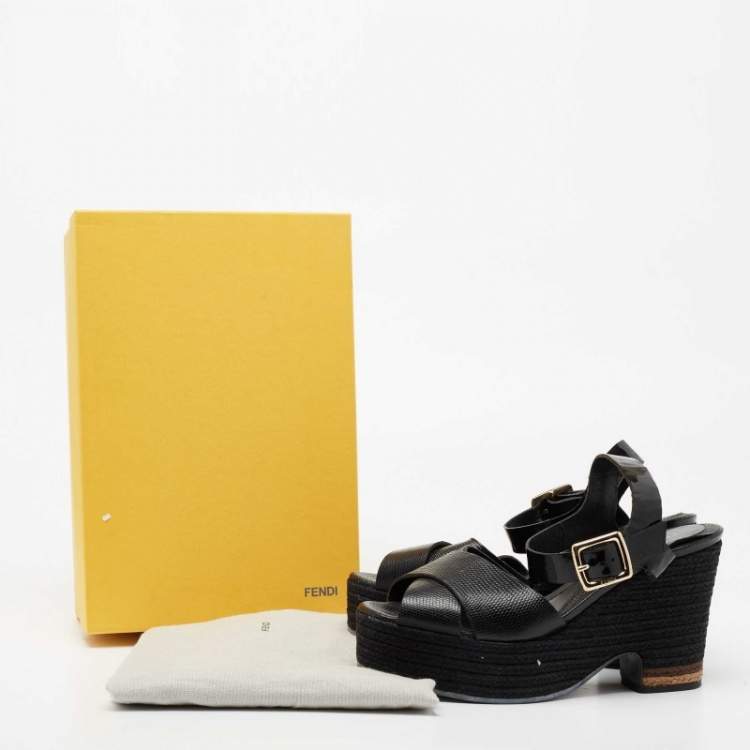 Pre Owned Fendi Black Lizard Embossed Leather and Patent Leather Hydra Ankle Strap Espadrille Sandals Size 39