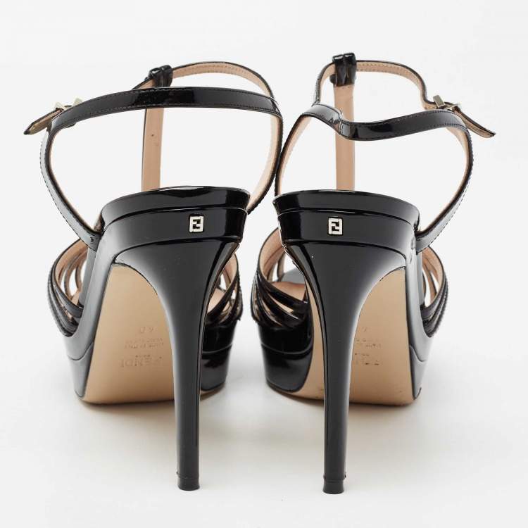 Pre Owned Fendi Black Patent Leather Strappy Platform Ankle Strap Sandals Size 40