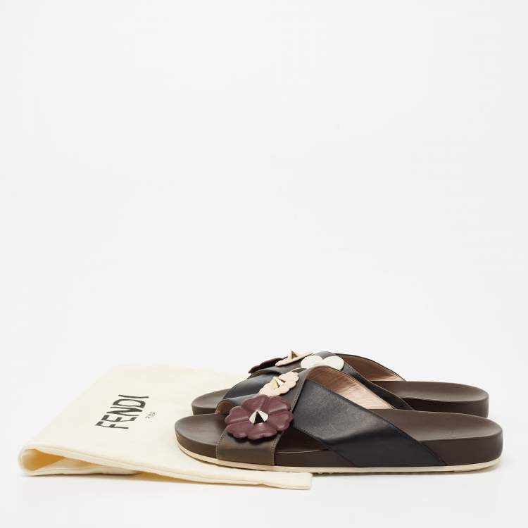 Pre Owned Fendi Black/Dark Brown Leather Stud Embellished Flower Flat Slides Size 39