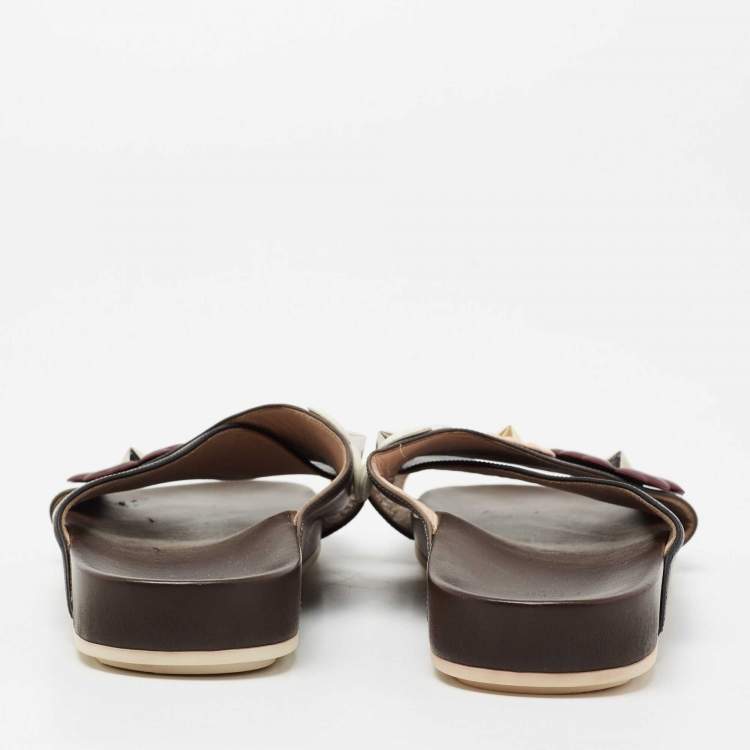 Pre Owned Fendi Black/Dark Brown Leather Stud Embellished Flower Flat Slides Size 39