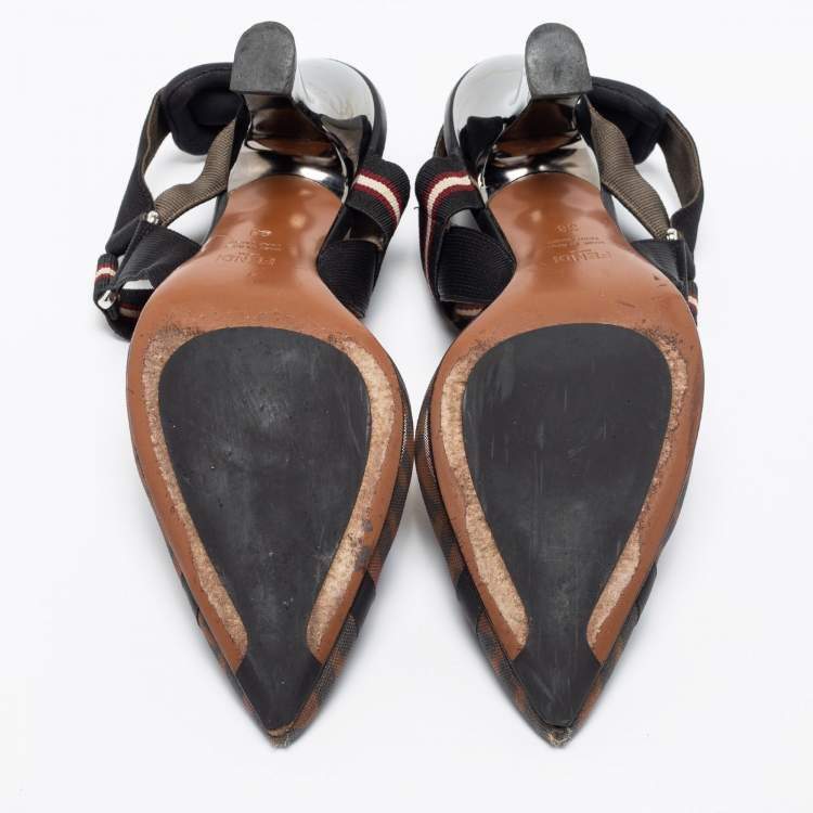 Pre Owned Fendi Brown/Black Zucca Mesh and Leather Colibri Slingback Pumps Size 38