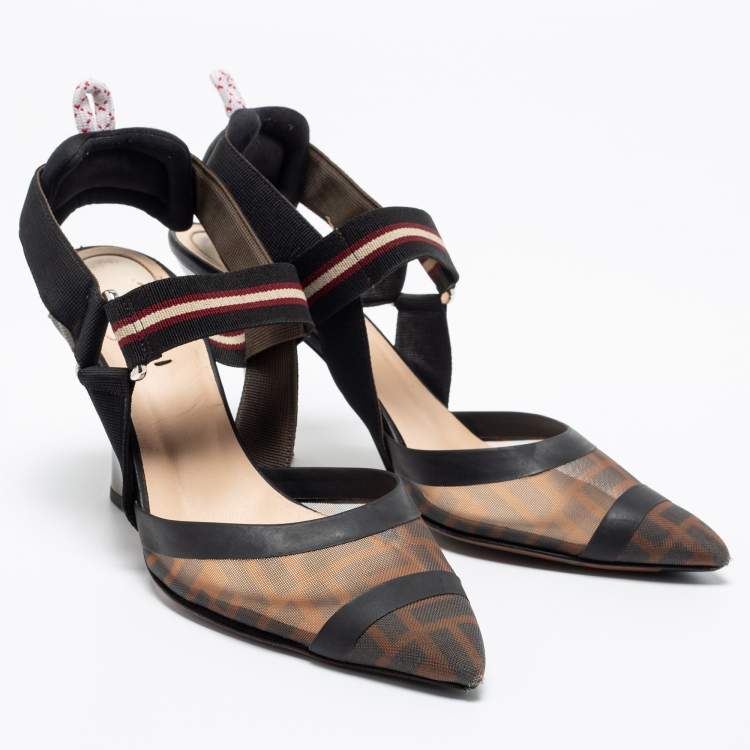 Pre Owned Fendi Brown/Black Zucca Mesh and Leather Colibri Slingback Pumps Size 38