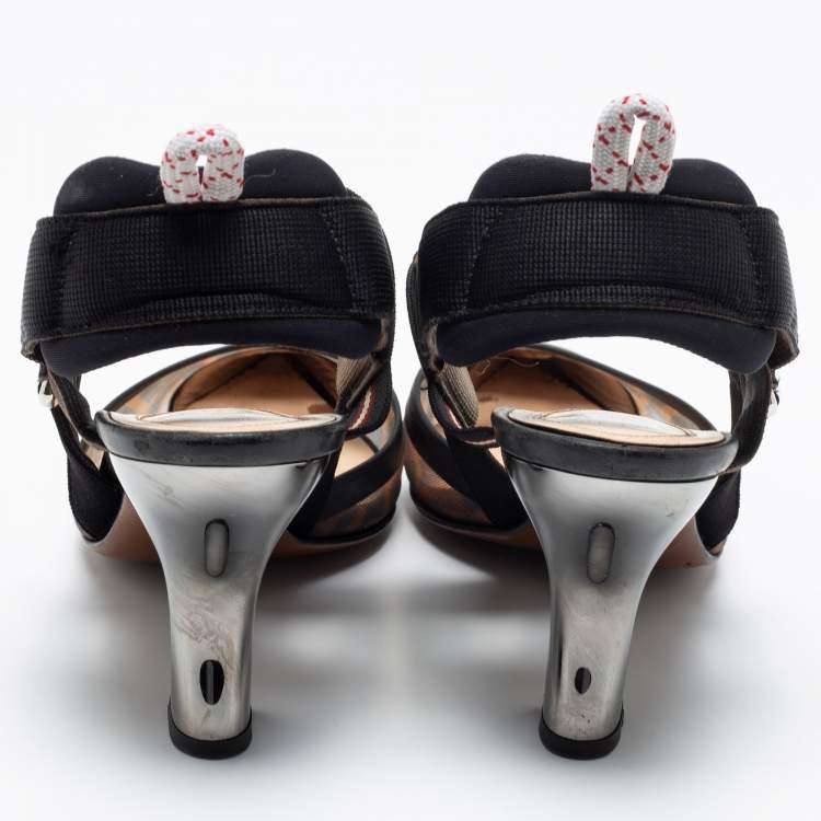 Pre Owned Fendi Brown/Black Zucca Mesh and Leather Colibri Slingback Pumps Size 38