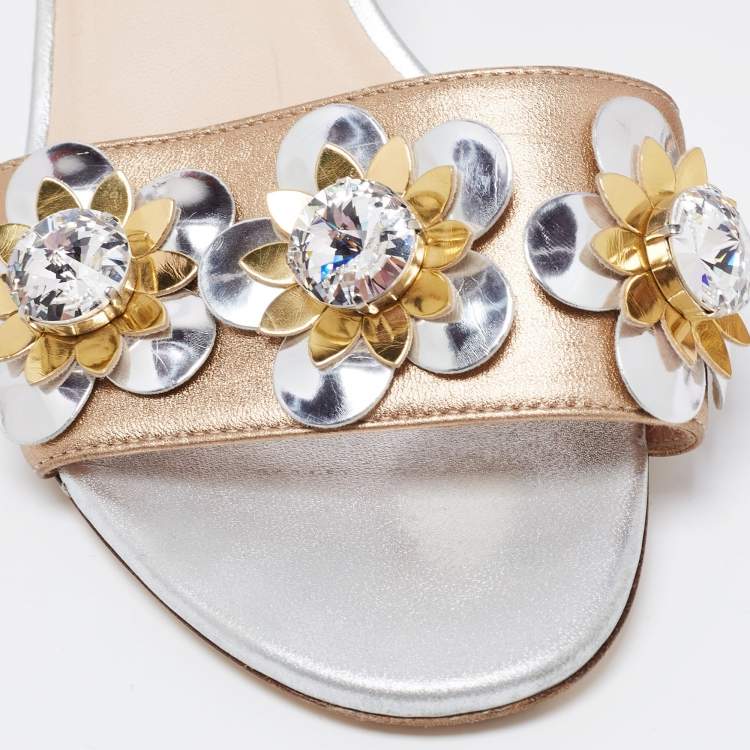 Fendi Bronze Leather Flowerland Embellished Block Heel Slide Sandals ...