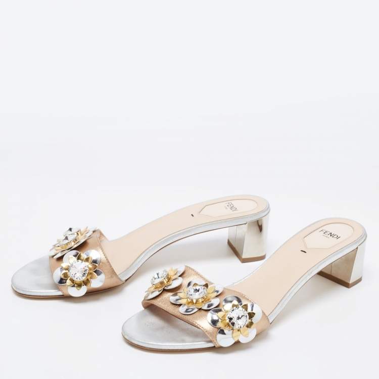 Fendi Bronze Leather Flowerland Embellished Block Heel Slide Sandals 