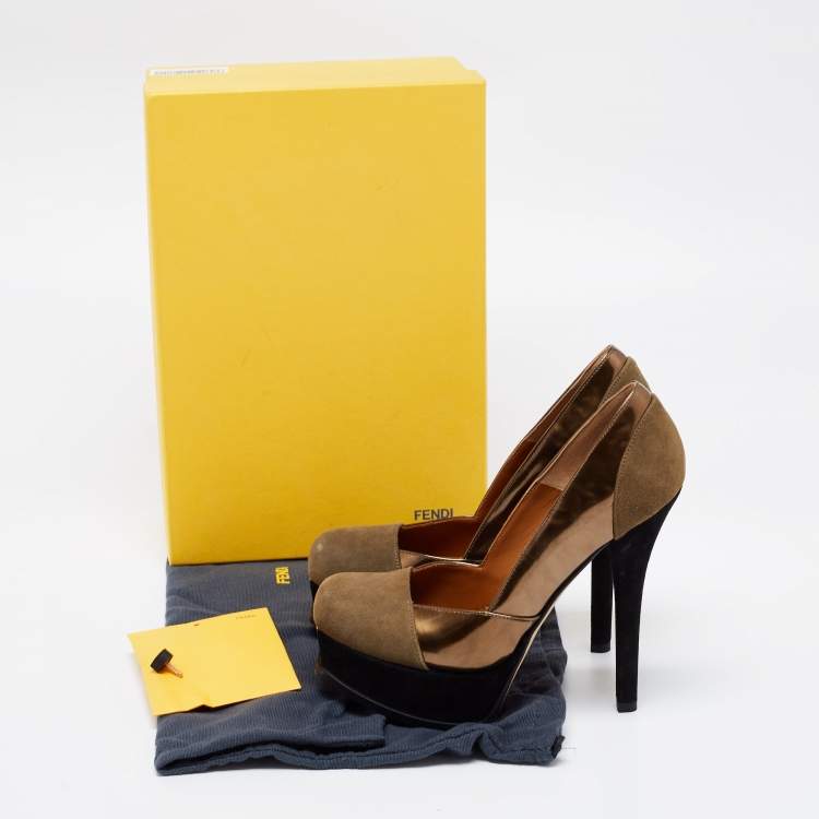 Pre Owned Fendi Olive Green /Gold Suede and Patent Leather Fendista Platform Pumps Size 37