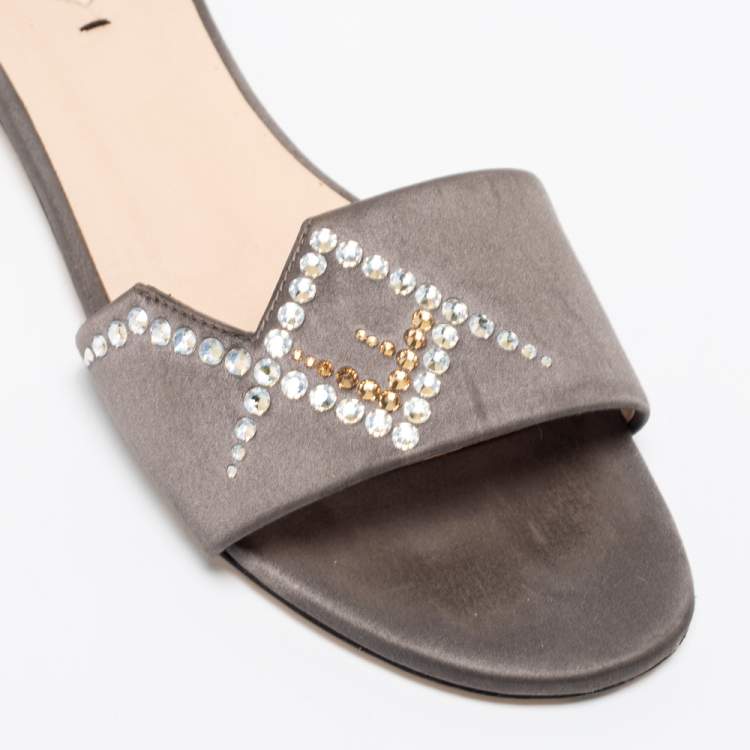 Pre Owned Fendi Grey Crystal Embellished Satin Flat Slides Size 38