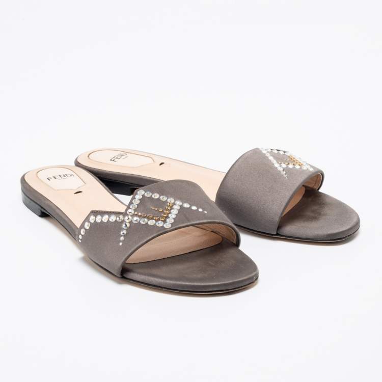 Pre Owned Fendi Grey Crystal Embellished Satin Flat Slides Size 38