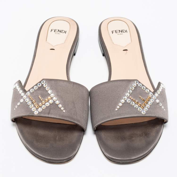 Pre Owned Fendi Grey Crystal Embellished Satin Flat Slides Size 38