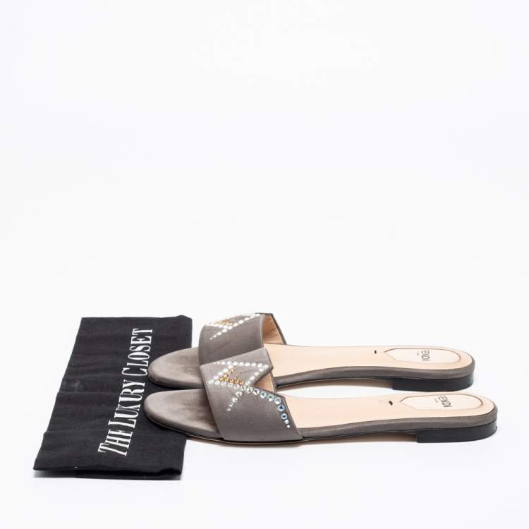 Pre Owned Fendi Grey Crystal Embellished Satin Flat Slides Size 38