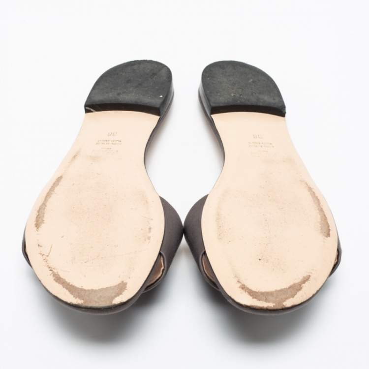 Pre Owned Fendi Grey Crystal Embellished Satin Flat Slides Size 38