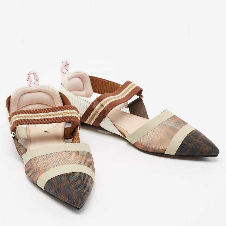 مملوكة مسبقًا Fendi Tri-Color Zucca Mesh and Leather Slingback Ballet Flats Size 36