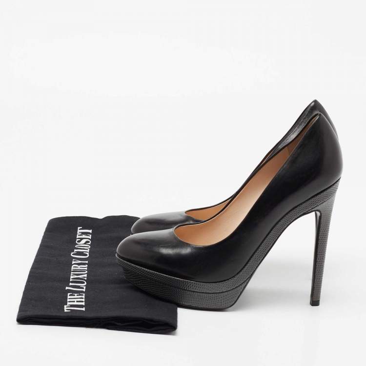 Pre Owned Fendi Black/Grey Leather and Lizard Embossed Heel Platform Pumps Size 37