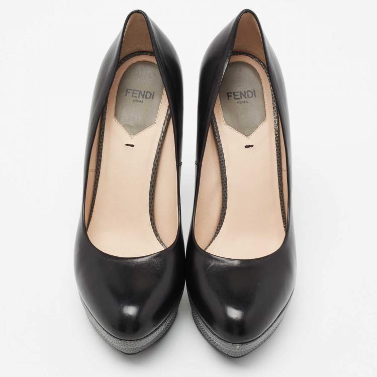 Pre Owned Fendi Black/Grey Leather and Lizard Embossed Heel Platform Pumps Size 37