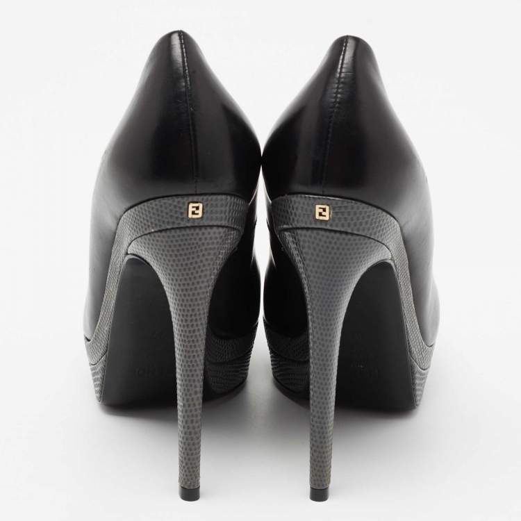 Pre Owned Fendi Black/Grey Leather and Lizard Embossed Heel Platform Pumps Size 37