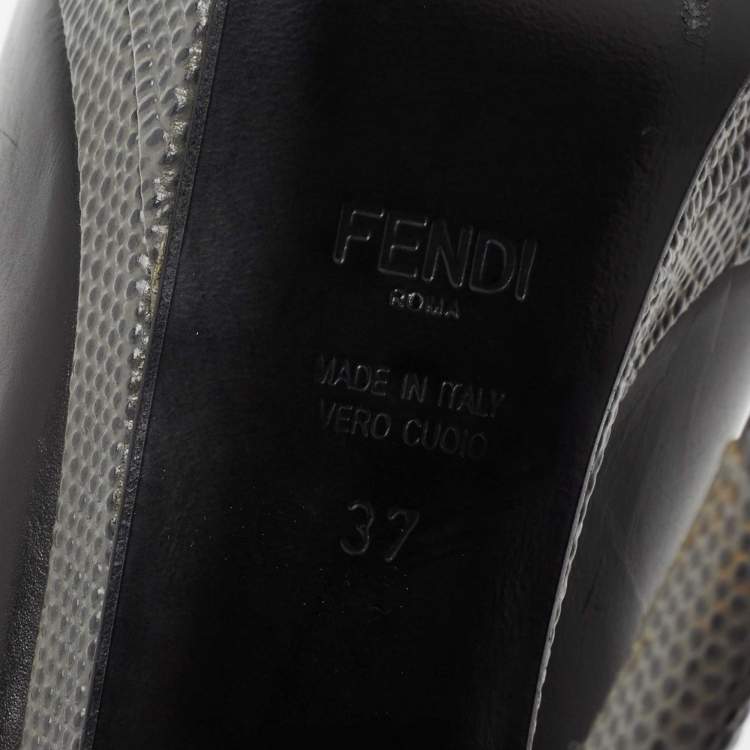 Pre Owned Fendi Black/Grey Leather and Lizard Embossed Heel Platform Pumps Size 37