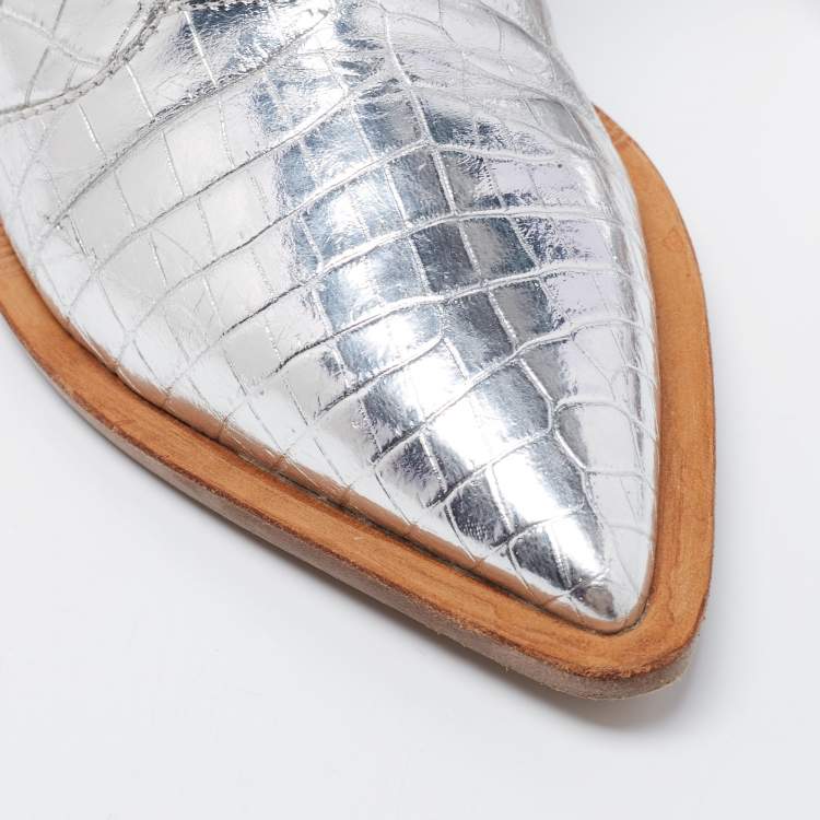 Pre Owned Fendi Silver Croc Embossed Leather Cowboy Boots Size 38 
