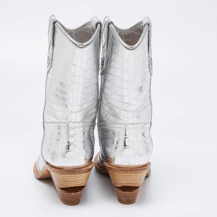 Pre Owned Fendi Silver Croc Embossed Leather Cowboy Boots Size 38 