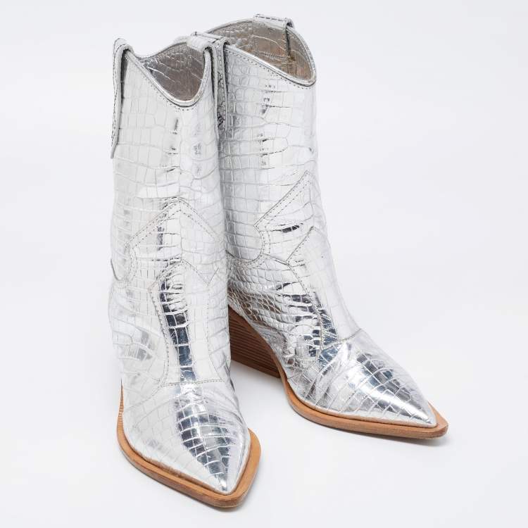 Pre Owned Fendi Silver Croc Embossed Leather Cowboy Boots Size 38 