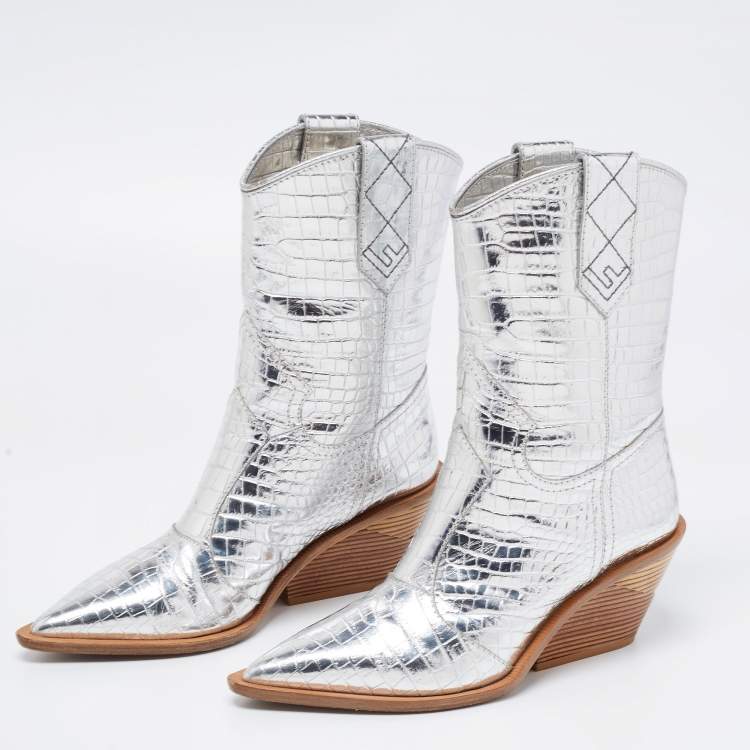 Pre Owned Fendi Silver Croc Embossed Leather Cowboy Boots Size 38 