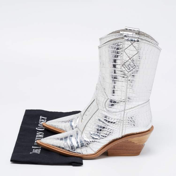 Pre Owned Fendi Silver Croc Embossed Leather Cowboy Boots Size 38 