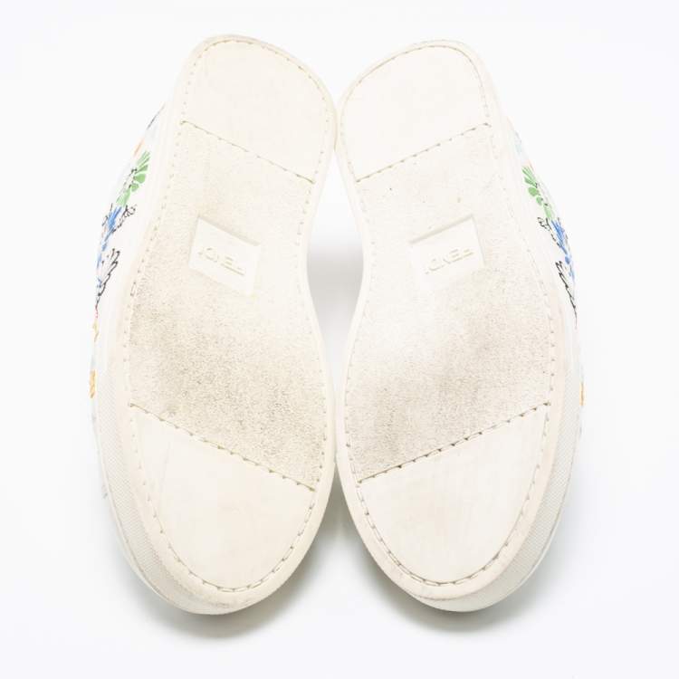 Pre Owned Fendi White Leather Logo Knit Rockoko Scallop Detail Slip On Sneakers Size 38