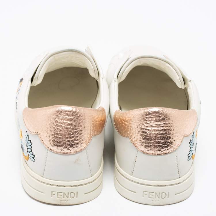 Pre Owned Fendi White Leather Logo Knit Rockoko Scallop Detail Slip On Sneakers Size 38