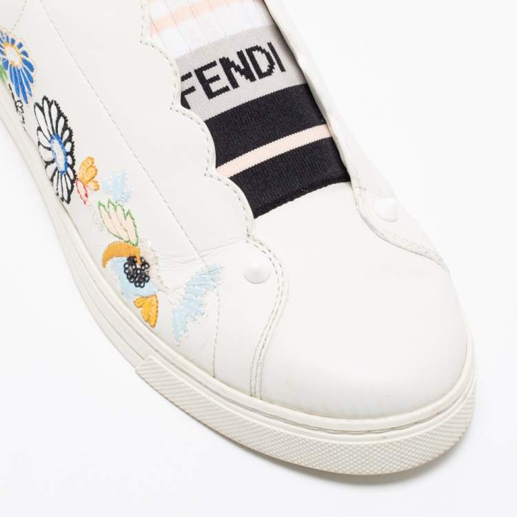 Pre Owned Fendi White Leather Logo Knit Rockoko Scallop Detail Slip On Sneakers Size 38