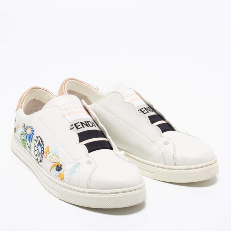 Pre Owned Fendi White Leather Logo Knit Rockoko Scallop Detail Slip On Sneakers Size 38