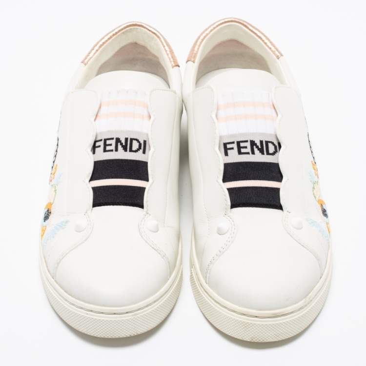 Pre Owned Fendi White Leather Logo Knit Rockoko Scallop Detail Slip On Sneakers Size 38
