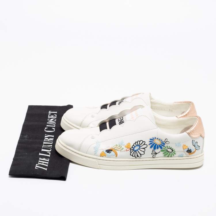Pre Owned Fendi White Leather Logo Knit Rockoko Scallop Detail Slip On Sneakers Size 38