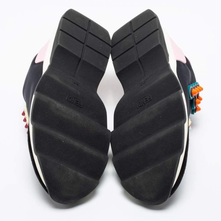 Pre Owned Fendi Black Fabric And Suede Fun Fair Logo Slip On Sneakers Size 38