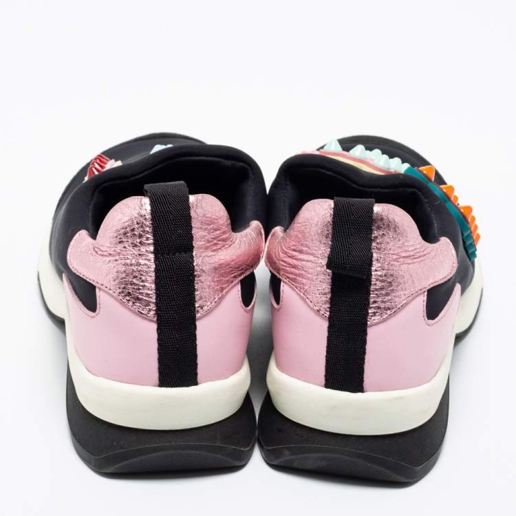 Pre Owned Fendi Black Fabric And Suede Fun Fair Logo Slip On Sneakers Size 38