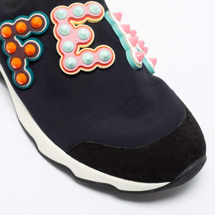 Pre Owned Fendi Black Fabric And Suede Fun Fair Logo Slip On Sneakers Size 38