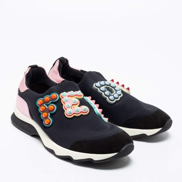 Pre Owned Fendi Black Fabric And Suede Fun Fair Logo Slip On Sneakers Size 38