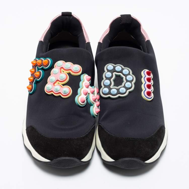 Pre Owned Fendi Black Fabric And Suede Fun Fair Logo Slip On Sneakers Size 38