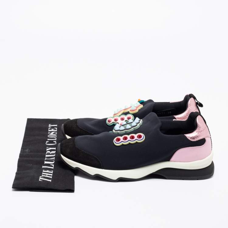 Pre Owned Fendi Black Fabric And Suede Fun Fair Logo Slip On Sneakers Size 38