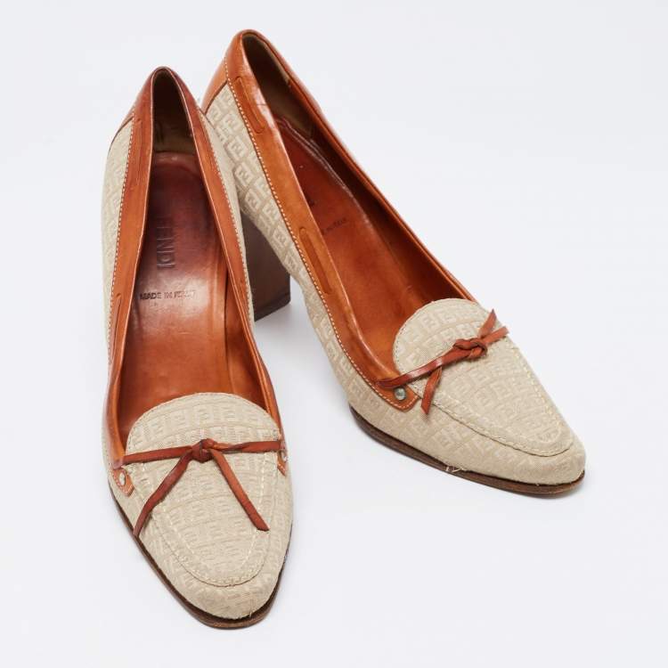 Pre Owned Fendi Beige/Brown Zucca Canvas And Leather Block Heel Pumps Size 36