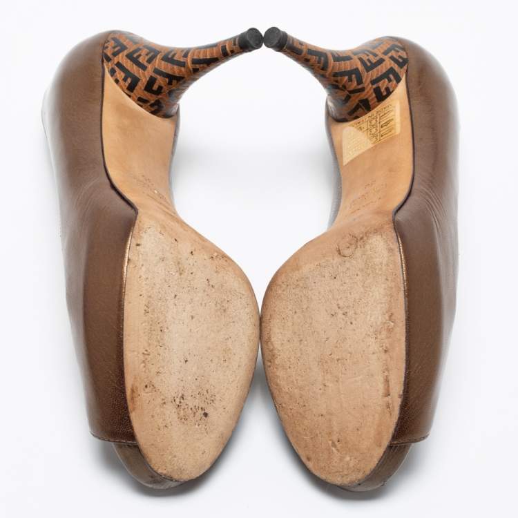 Pre Owned Fendi Brown Leather Zucca Print Heel Peep-Toe Pumps Size 36