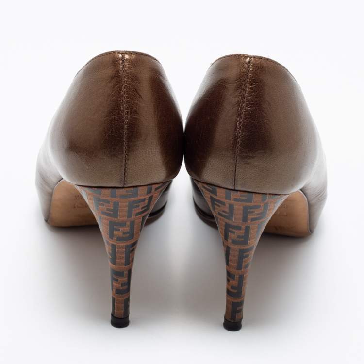 Pre Owned Fendi Brown Leather Zucca Print Heel Peep-Toe Pumps Size 36