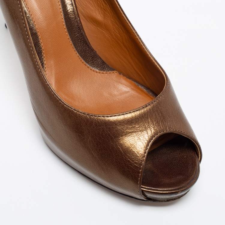 Pre Owned Fendi Brown Leather Zucca Print Heel Peep-Toe Pumps Size 36